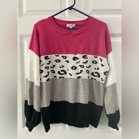 Andree By Unit Colorblock Sweater Animal Print Balloon Sleeve Women's Size L - Picture 1 of 7